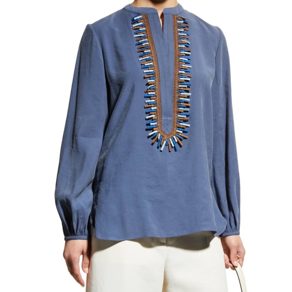 Silvia Tcherassi Triora Split Collar Blouse Top Women's Size XS Blue Embroidered